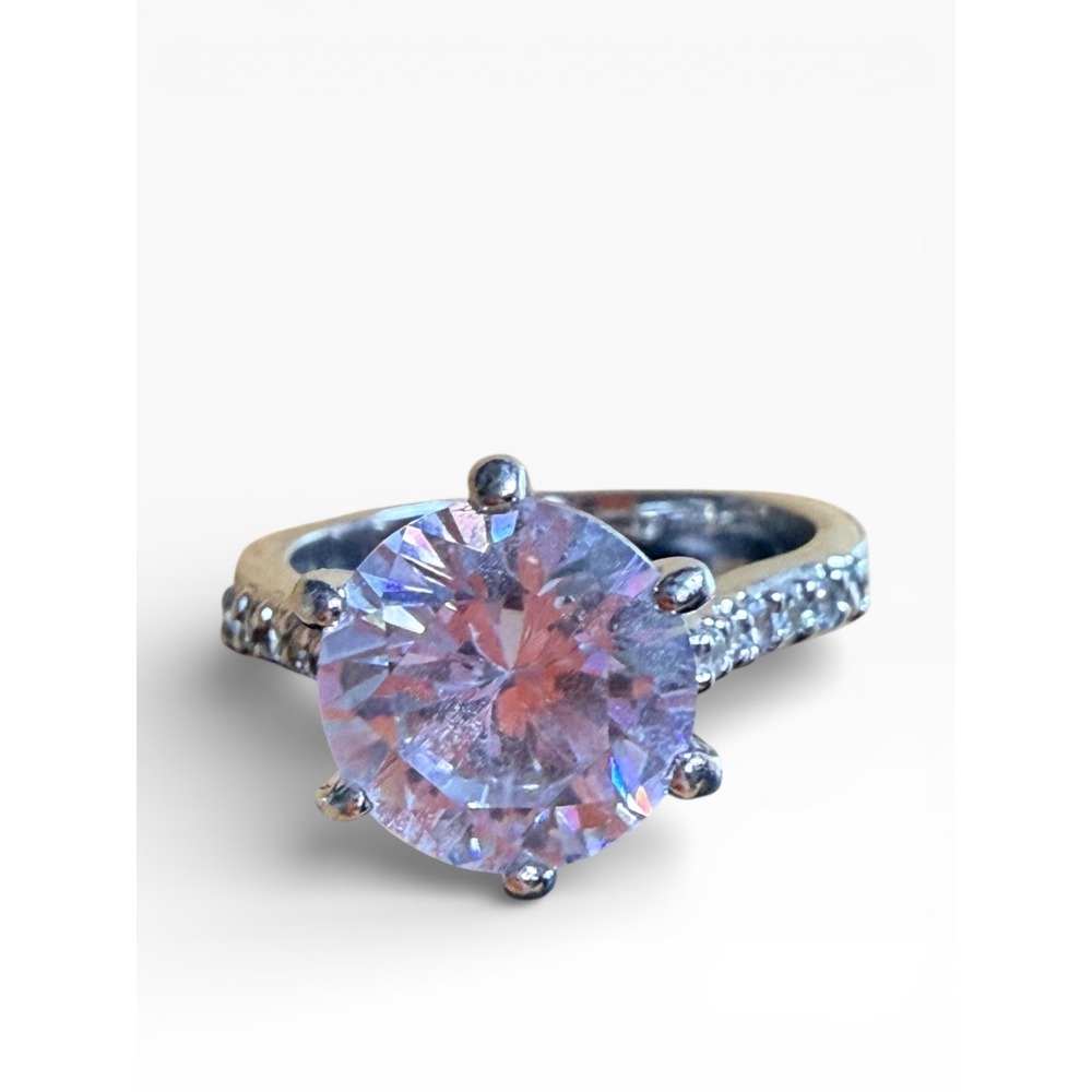 Sparkling Solitaire Ring Clear Round Cut Clear gemstone Silver Tone Band Size 7